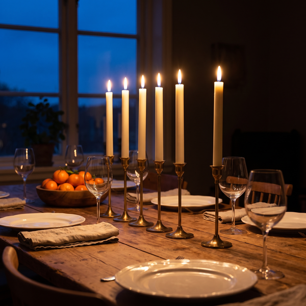 Veillée : six bougies LED allumées sur une table de fête