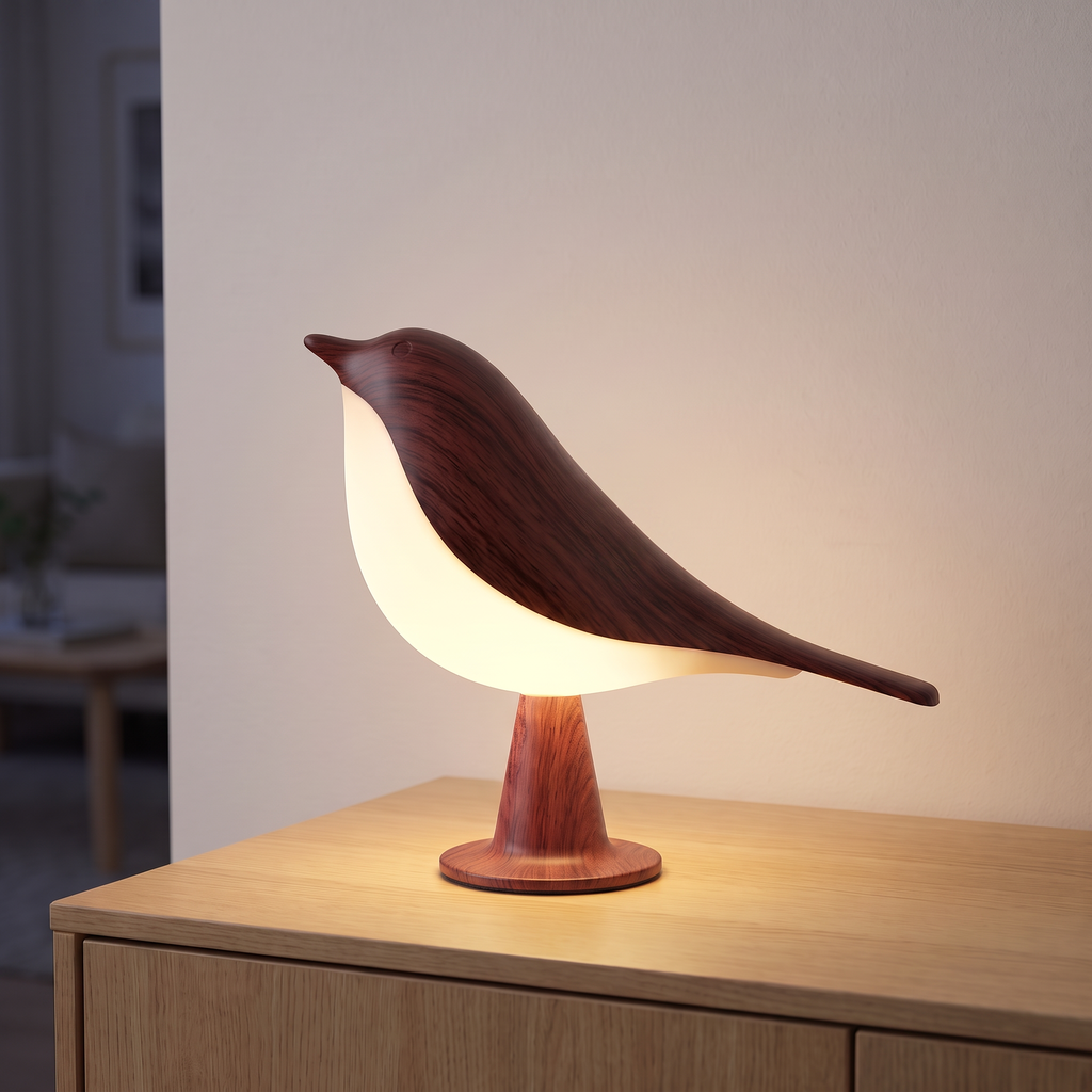 Lampe Oiseau bois foncé allumée