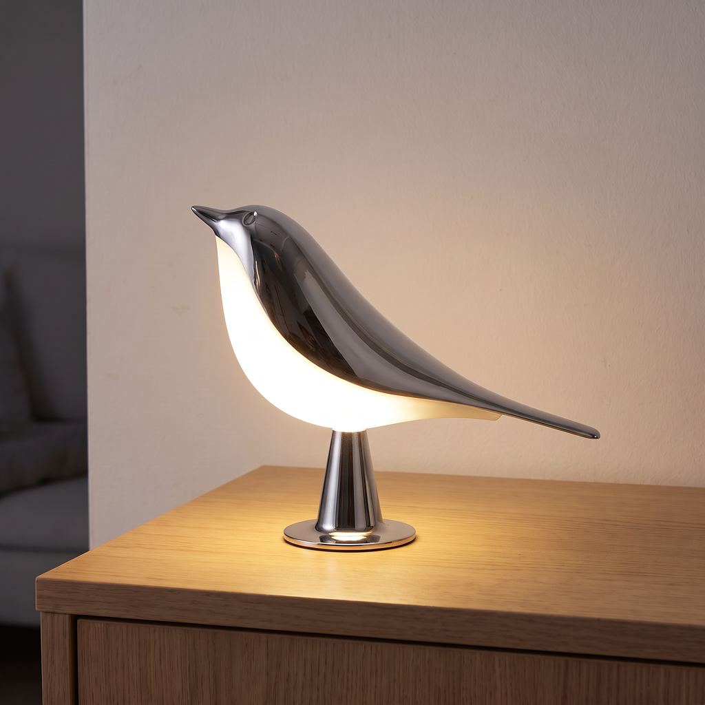 Lampe Oiseau argentée allumée