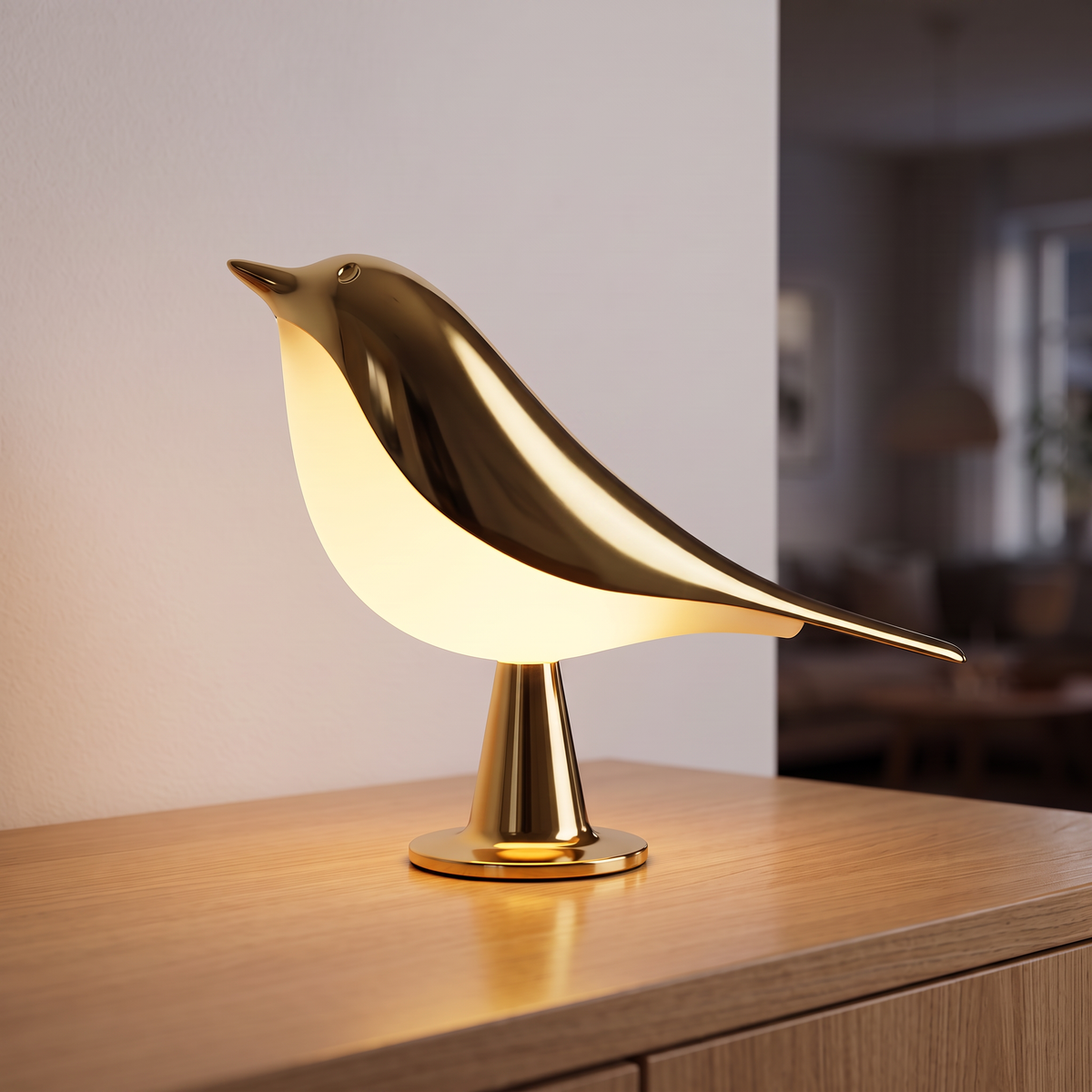 Lampe Oiseau dorée allumée