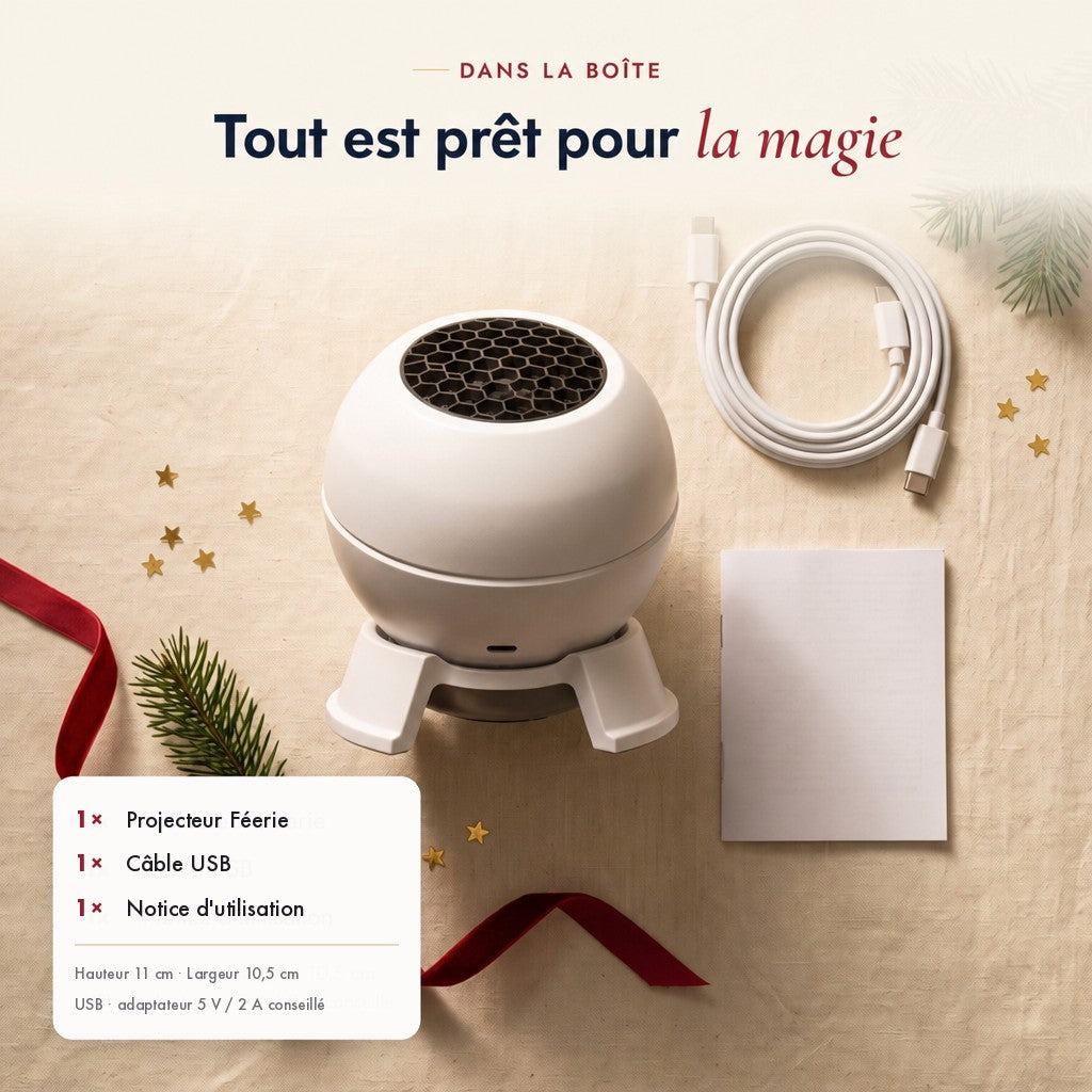 Dans la boîte : projecteur Féerie, câble USB et notice