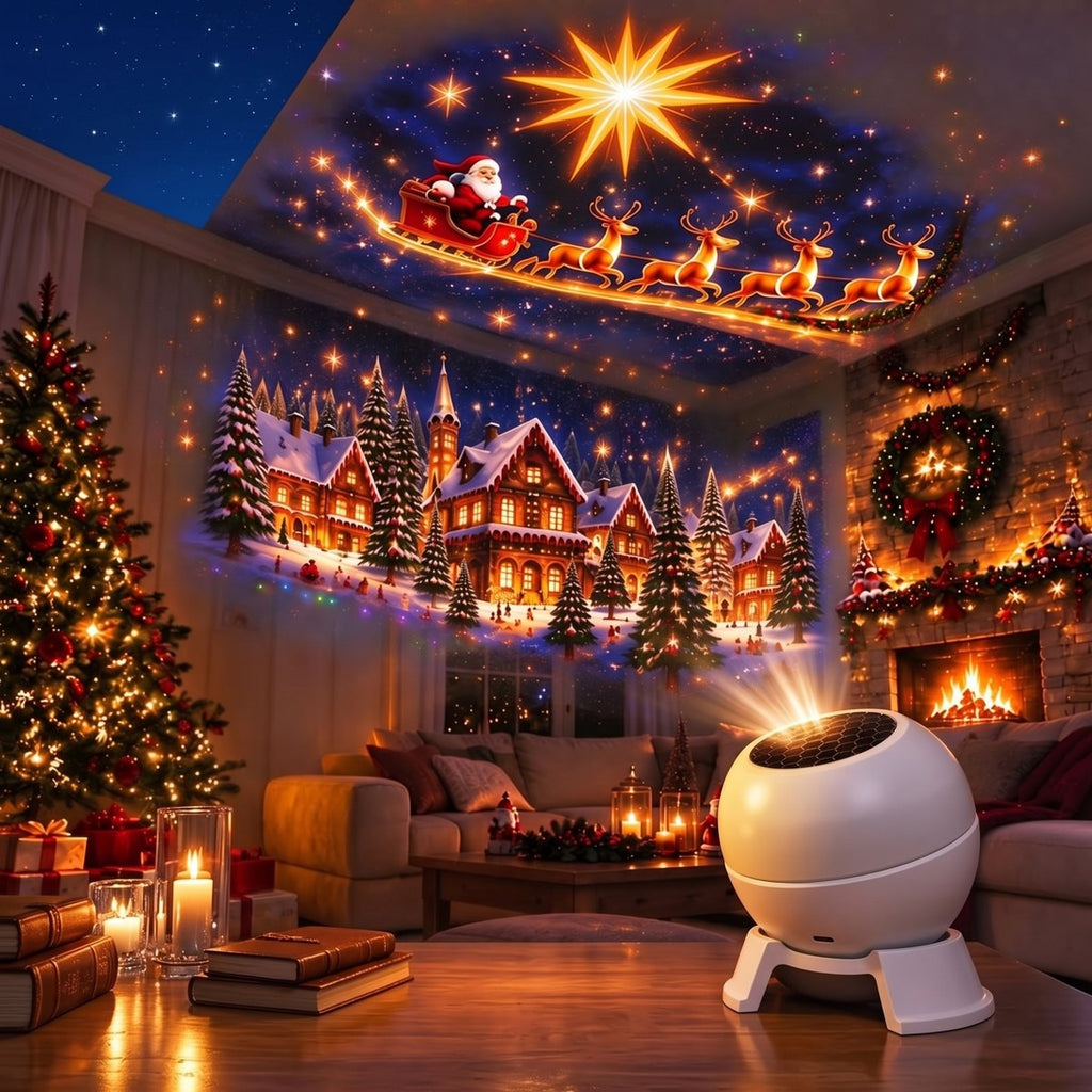 Féerie projette le traîneau du Père Noël et un village enneigé au plafond du salon