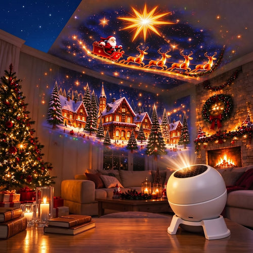 Féerie projette le traîneau du Père Noël et un village enneigé au plafond du salon