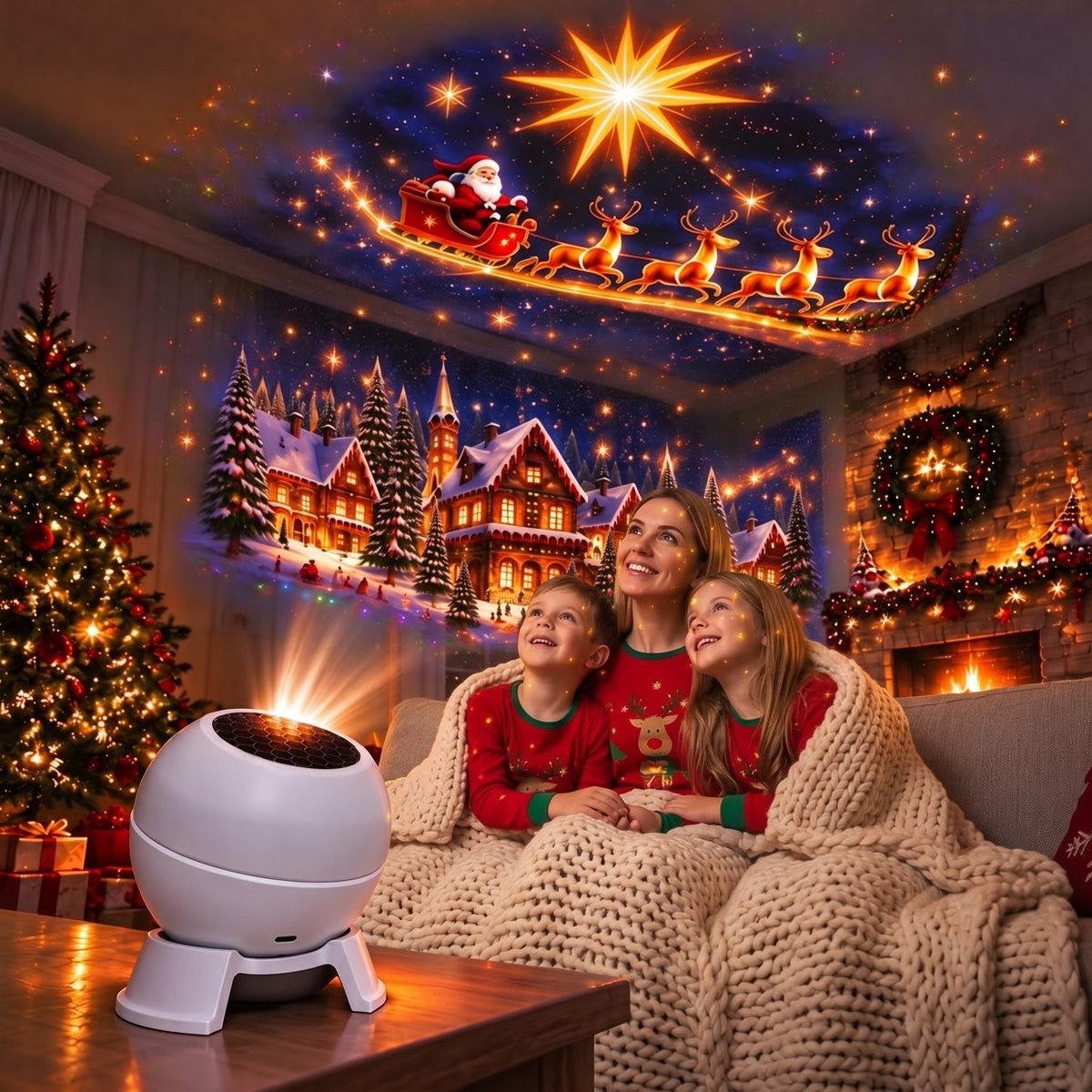 Une famille regarde la projection de Noël au plafond